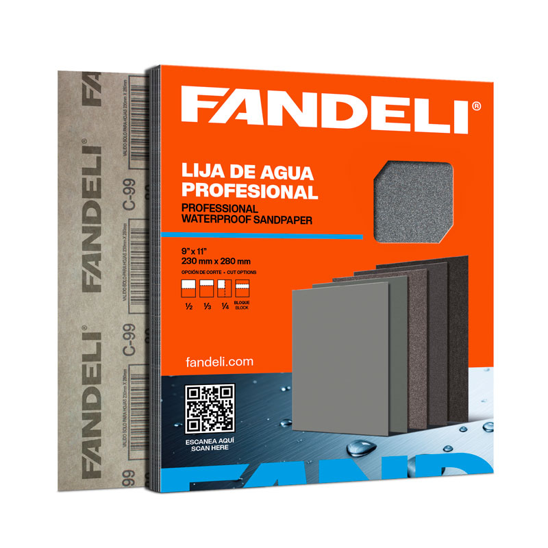 Paquete de lijas de agua FANDELI con distintas medidas de lijas de agua para cada tipo de aplicación.